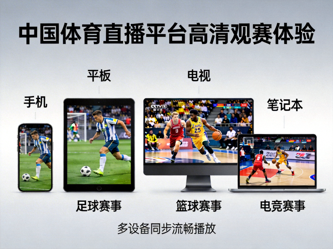 中国体育直播平台高清观赛体验示意图，展示多设备流畅播放足球、篮球、电竞赛事的场景